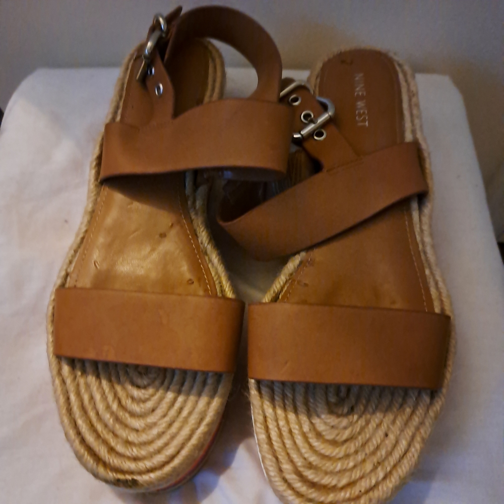 NINE WEST Womens‎ Tan Leather Espadrille Platform Sandals Size 12 Wedge